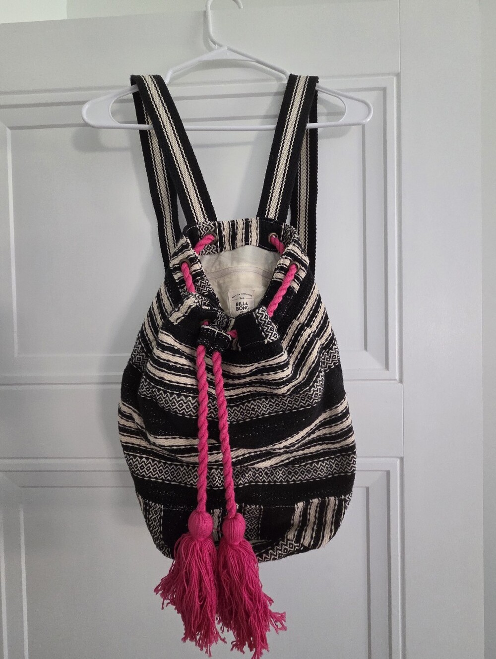 Billabong Handwoven Black & Cream Drawstring Backpack with Pink Tassels